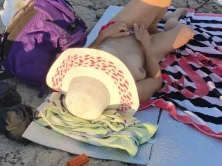 Risky Italian MILF Touches Pussy on Public Beach - Small Tits & Watching Crowd