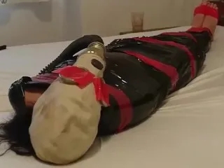 BDSM Slave Girl: Gas Mask Breathplay & Plastic Mummification