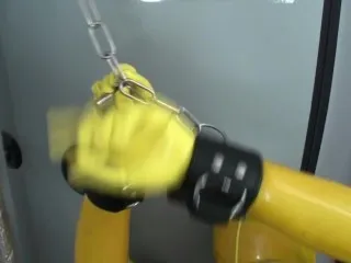 Yellow Latex Catsuit Bondage - Fishnet Clad Model