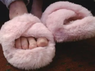 Fuzzy Pink Slippers Soft Slide-Up Closeup, No Toe Polish