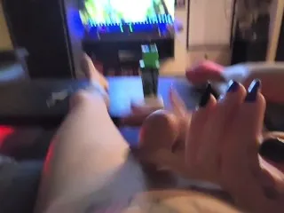 Teen Tattooed Handjob, Pussy Play, Couch - Monster Cumshot