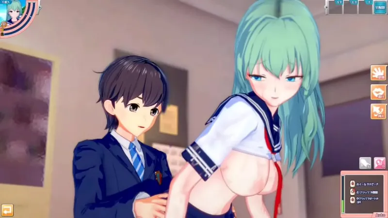[Eroge Koikatsu! ] Touhou Project Sanae Kochiya's boobs rubbed and sex after having a standing handjob blowjob service! Big breasts anime [hentai game]