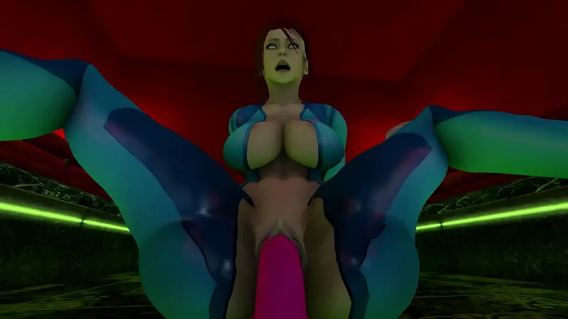 Samus Aran rides 3D animated pink dildo, empty club