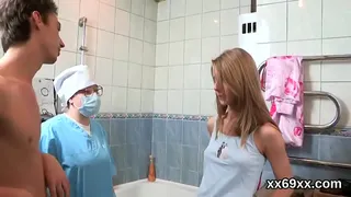 Artful doctor pleasures natural nympho spread vagina in 3some