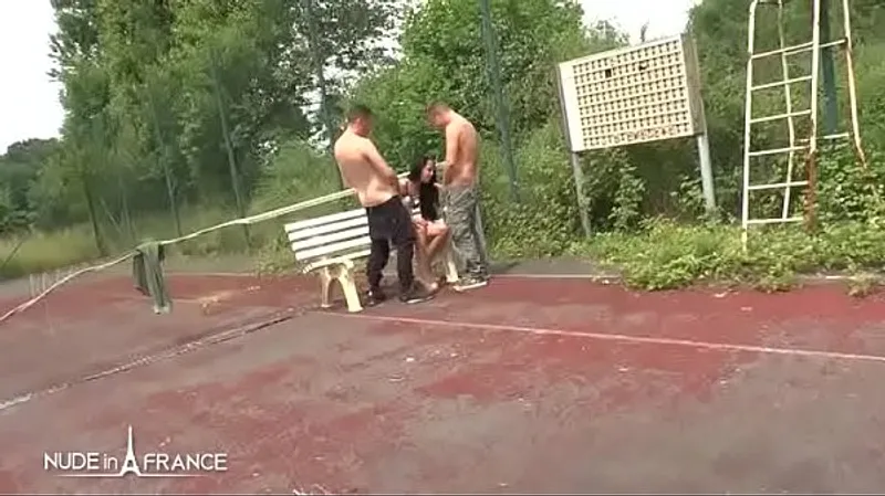 Young skinny french slut hard banged in 3way outdoor