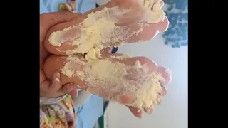 Pie on soles about to be fully licked