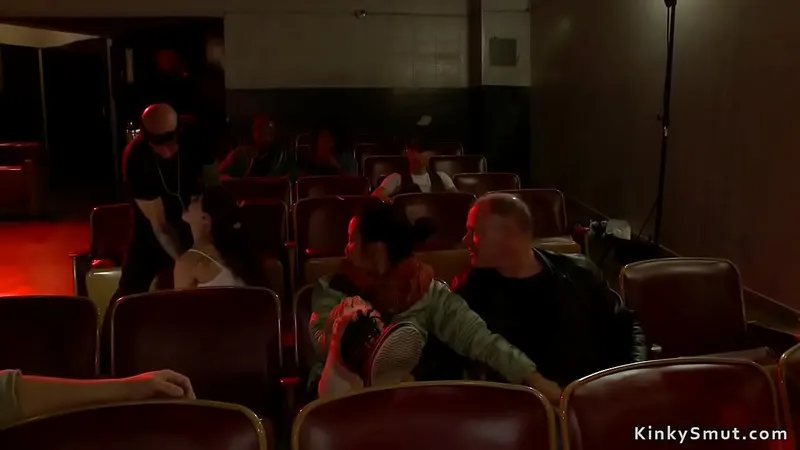 Huge Dick Master Gangbangs Brunette Slut in Public Theater