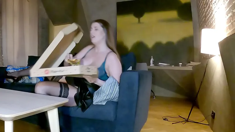 Cheating Housewife in Miniskirt Teases, No Panties, Lace Bra - Pizza Delivery