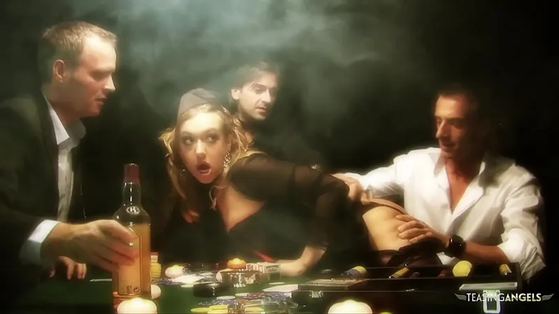 Sexy looking babe got talked into blowing three delicious cocks at the same time before getting her tight holes banged hard on the poker table until she reaches an orgasm.