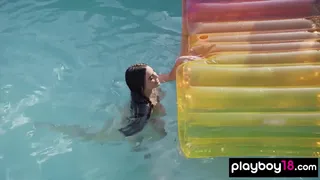 Busty American beauty reveals her pierced nipples outdoor