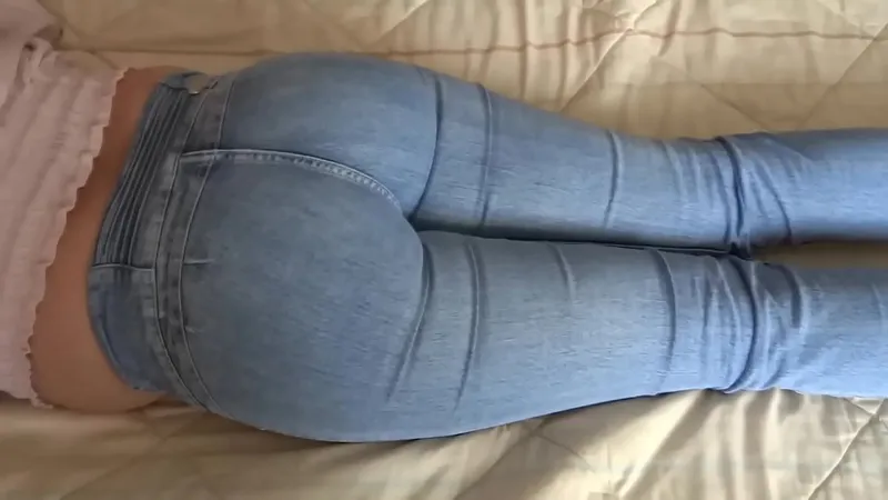 Wife's Delicious Ass in Jeans & Thong - Cums on Bed