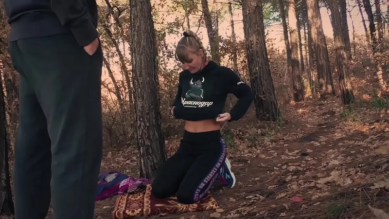 Karina's Forest Cumshot - Titty Blowjob from Ivan, Security Guard