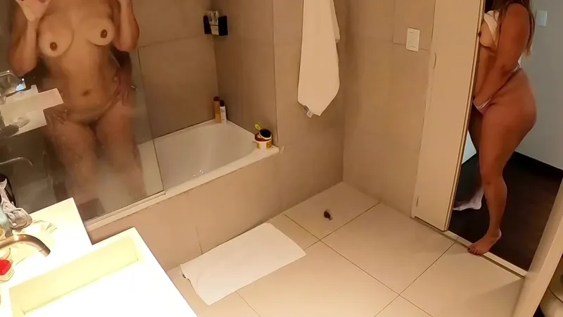 Woman Masturbates While Couple Showers Fucks