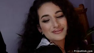 Master Xander Corvus fucks deep throat to curly haired maid Arabelle Raphael in upper floor