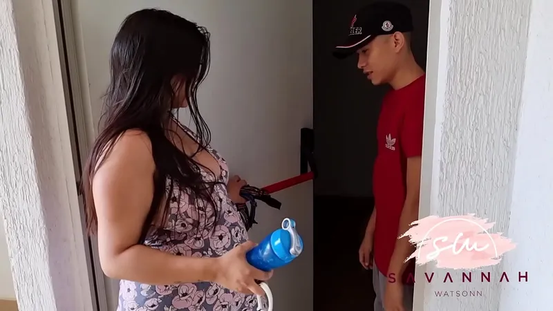 Pregnant Savannah Watson fucks neighbor on apartment steps