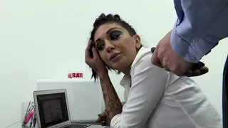 The secretary first fucks a big rubber dildo and then is penetrated by a eager cock