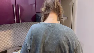 Dormmate-girl gets cum in mouth and hair while there is no one in the kitchen except us