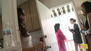 Homosexual women with little breasts, wearing high heels, engage in sexual activities including the use of dildos and oral stimulation of each other's genitals.