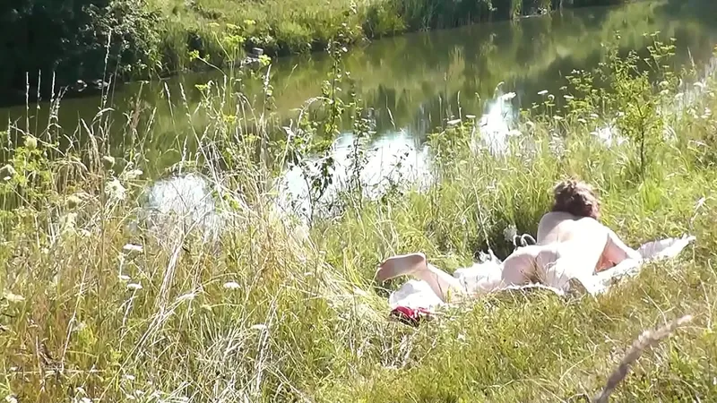 MILF Sunbathes Riverbank, Naked Public DOG Style