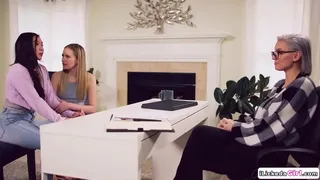 Big tits milf advising anal sex therapy to a lesbian couple.She leads the 3some,fingers n licks the petite asians as while the other is facesitting