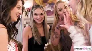 A blonde babe and her stepmom having a lesbian slumber party with bffs.The small tits teen licks the big tits milf while friend is facesitting her.