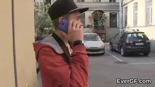Slutty chick fucks for cash in front of her own fella