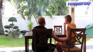 Outdoor anal sex on the table with creampie