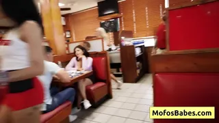 See this natural busty blondie slut sharing fat dick with ebony friend in the restaurant