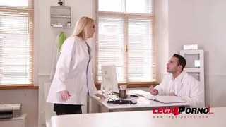 Blonde busty nurse Amber Jayne rides Doc's big fat dick at the XXX clinic GP454