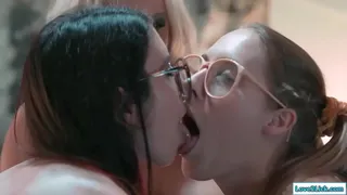 Teens create a woman that becomes real.They grab and lick her tits and they kiss.They lick the milfs pussy and one facesits her as another fingers her
