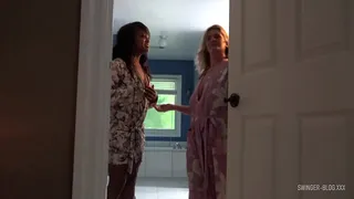 Housewives wearing fishnet stockings masturbating and licking each others pussies