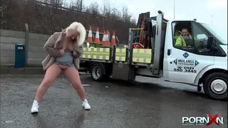 Shameless UK BBW blonde girl with no panties flashing her boobs and pissing in public