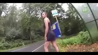 sexy girl public pissing bus at flashing look on the side women master