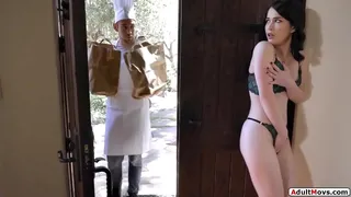 AdultMovs.com - Brunette babe and chef flirt.When hes gone to get some she fucks a zucchini and is caught masturbating.The small tits babe is licked and facefucked