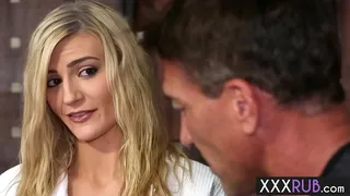 Amazing big tits blonde Amanda Tate swallowed huge cock and gave him a footjob before hard sex