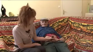 Trashy redhead has threesome with young and old man