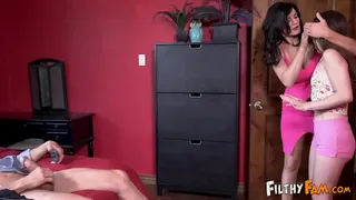 step Mom & step Daughter Catch Horny step Dad Wanking To Porn & Have A Family Fuck Session