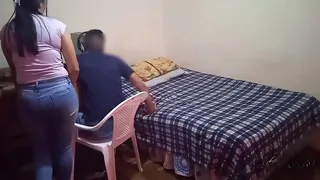 my cuckold wife won't let me play my video games: the cuckold takes us out of the computer and I fuck my neighbor while she can't see us, we almost get caught