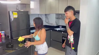 My horny stepmother takes my virginity and we end up fucking really nice and cumming inside her pussy.