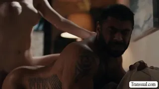 Stepdad gives his gorgeous shemale stepdaughter a leg massage.After that,they get horny and he lets his TS stepdaughter bareback his ass.