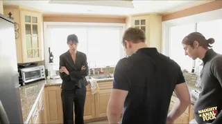 The brunette harlot receives the anal thrashing from the two raucous neighbors that she really wanted.