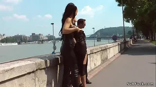 Mistress Fetish Liza in black tights and thigh high boots disgraces hot green haired slut Lola then makes her gangbang fuck in European public bar