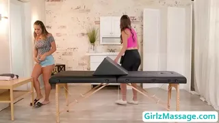 The blonde strips down positions her beautiful ass on display. To make the massage even better, they are kissing, pussy licking and scissoring.