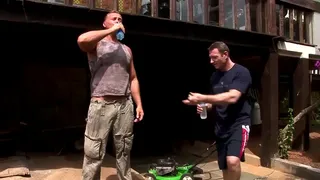 Sweaty masons break down an Asian prostitute on the street