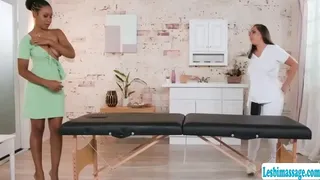 Busty ebony goes to the massage parlor and lets her sexy masseuse massage her body.After that,they get horny and start kissing each other passionately.Next is,the masseuse gets naked and then they start licking each others wet pussy.