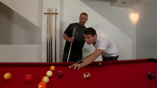 Billiard party for the blonde with two cues to grab