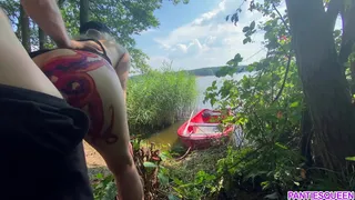 Sexy try on haul and outdoor fuck with stepbrother in the middle of public lake for 25k subscribers