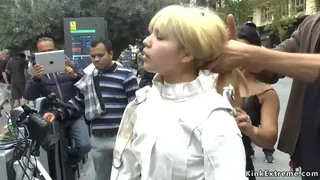 Japanese blonde slut fucked in underpass and tormented in shop