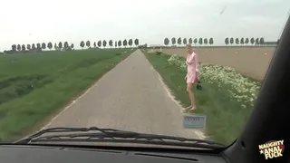 A hitchhiker willingly agrees to a ride from suspicious individuals and finds themselves involved in a sexual encounter involving three people in an outdoor setting