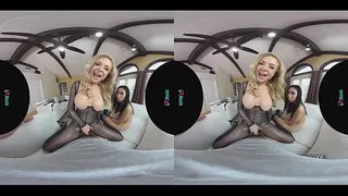 Threesome with a hot blonde mom and a petite Asian babe in virtual reality